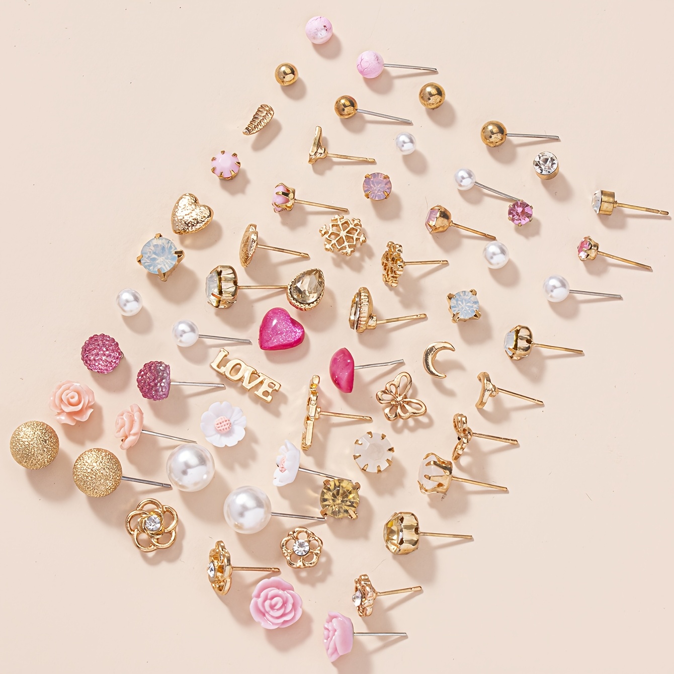 60pcs Rose Flower & Rhinestone Earrings Set, Women's Ear Studs